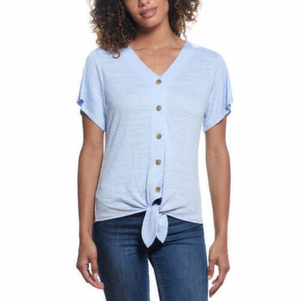 DEFECT Weatherproof Vintage Womens Tie Front Top Sky Blue Blouse Sz L $60 L326